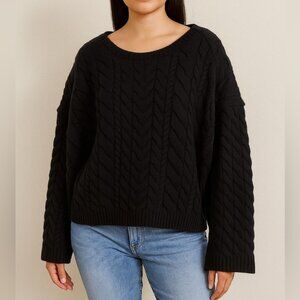 New J. Crew Cable Knit Sweater Women's S Black Tie Back Wool Blend Boxy Relaxed